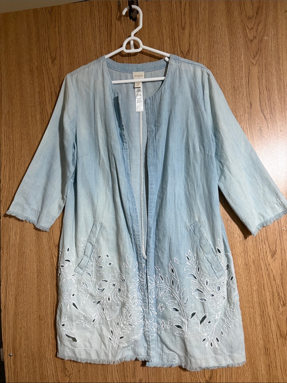 Chico's Light Blue Embroidered Open-Front Swim Coverup